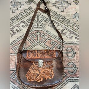 Hand Tooled Brown Leather Floral Shoulder Bag